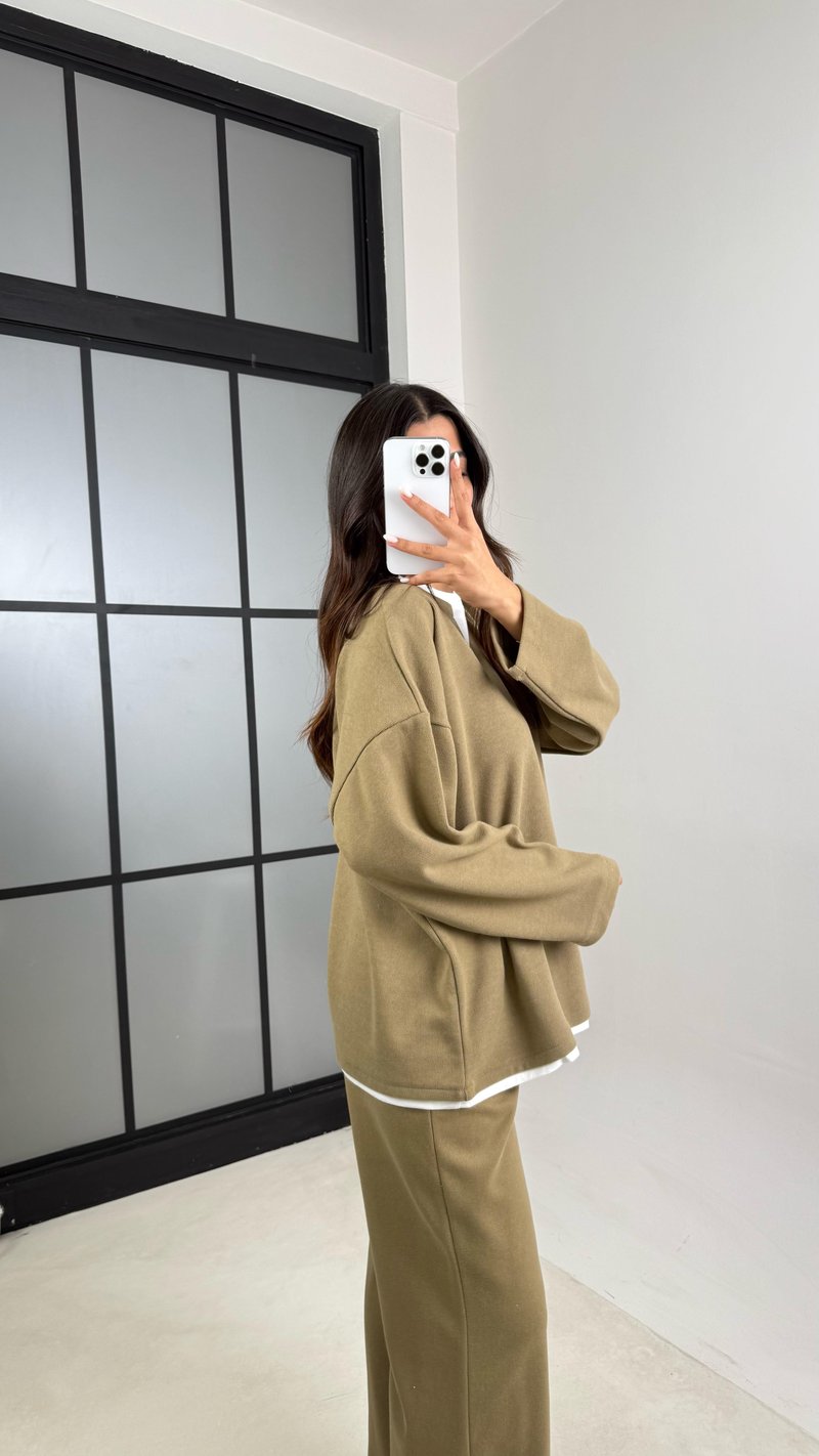 Camel Tshirt Detaylı Kazak Beli Lastikli Pantolon İkili Triko Takım GAUS-00485