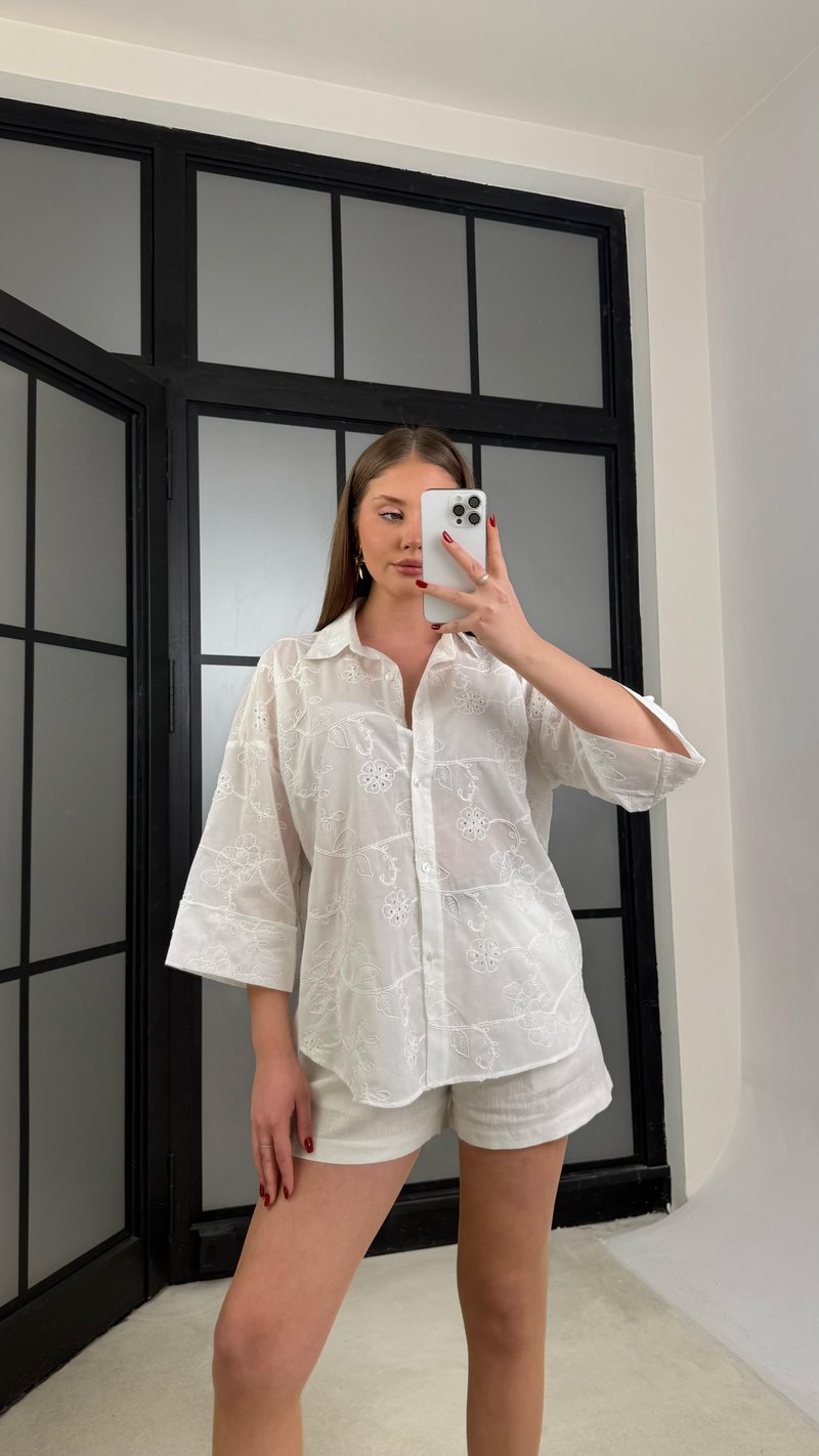 Ekru Çiçek Nakışlı Pinterest Gömlek GAUS-01268