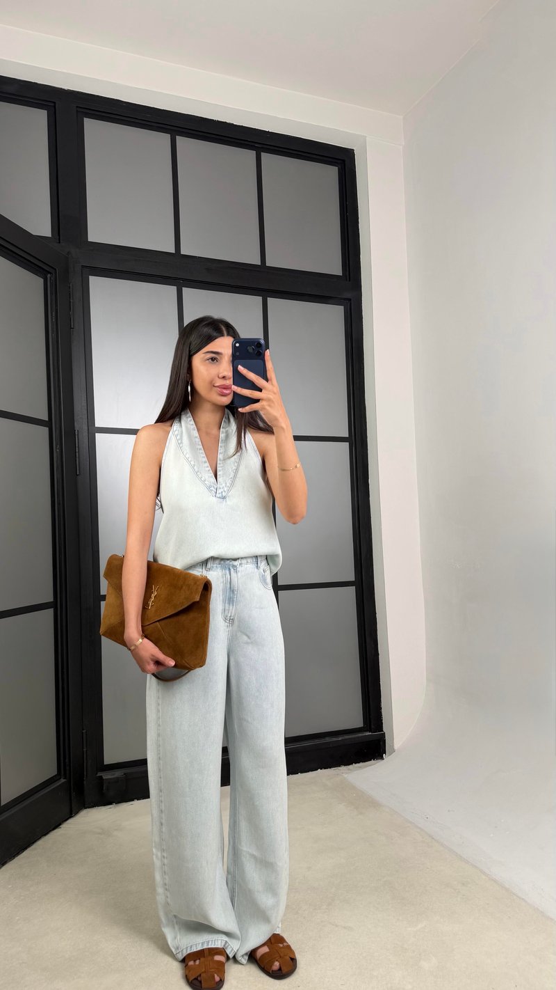 Buz Mavi Halter Yaka Tencel Denim Takım GAUS-01520 GAUS-01379