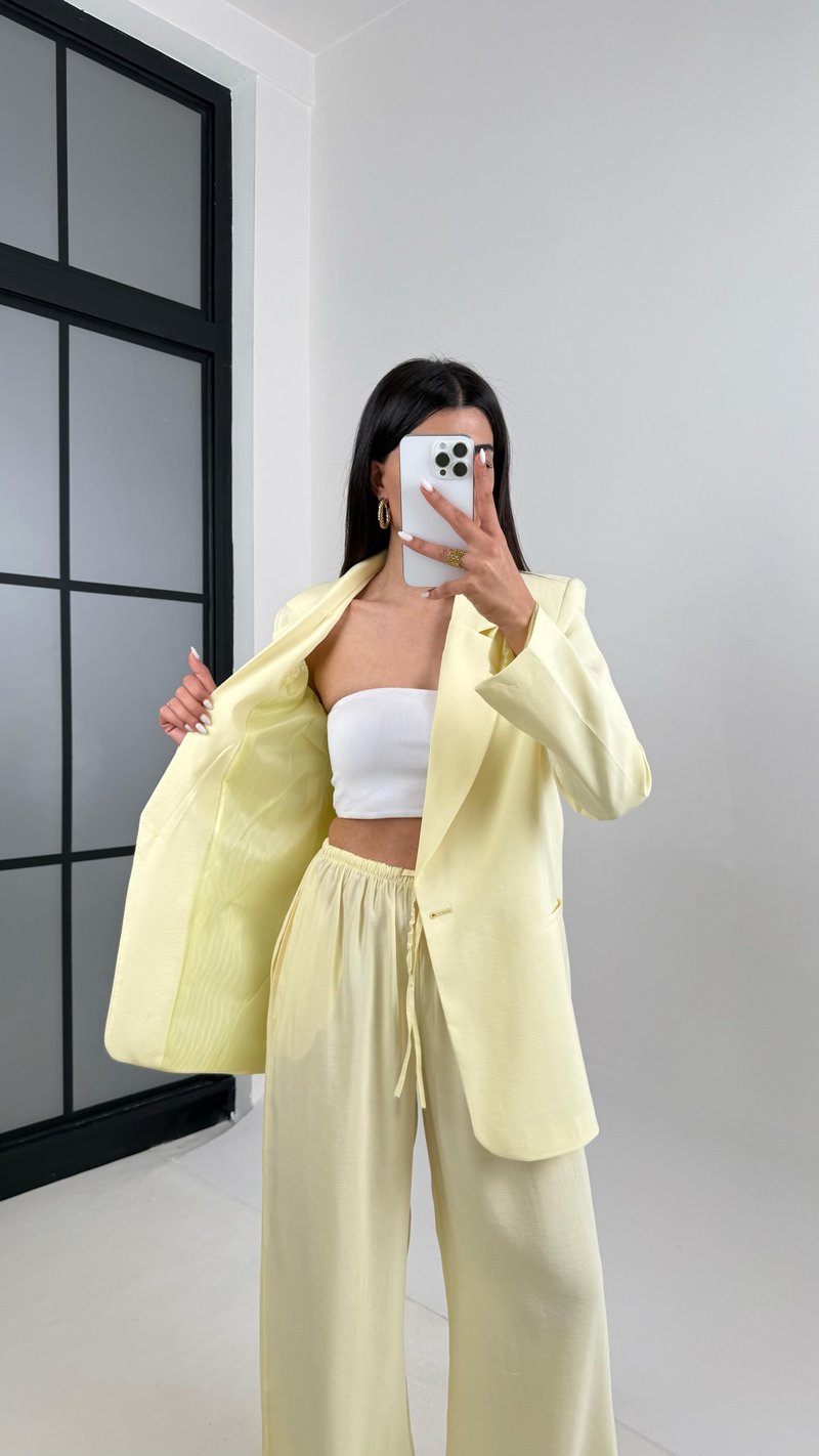 Sarı Astarlı Blazer Ceket Beli Lastikli Pantolon Tensel Takım Gaus00444