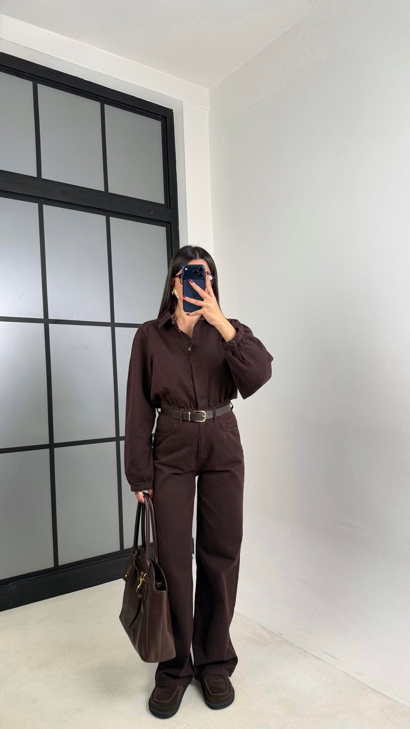 Kahve Kemerli Premium Denim Tulum GAUS-00739 GAUS-00673