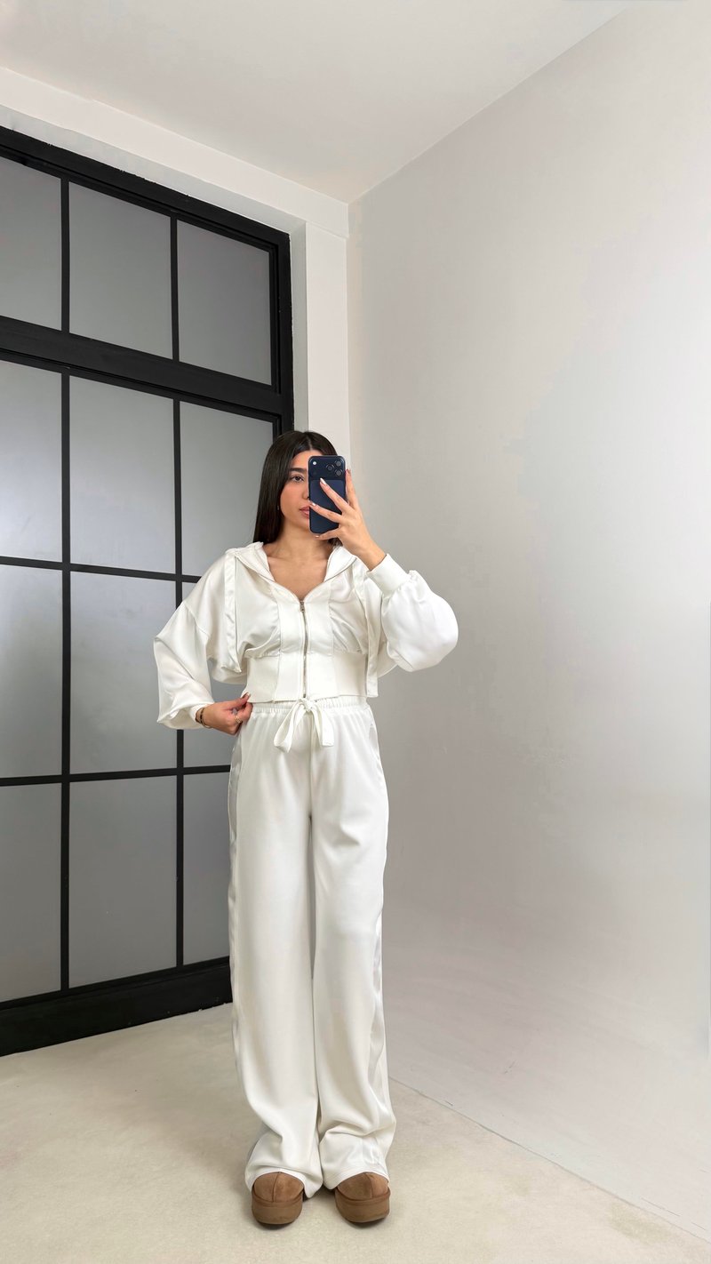Beyaz Saten Detaylı Hırka Beli Lastikli Pantolon Tasarım Takım GAUS-01096