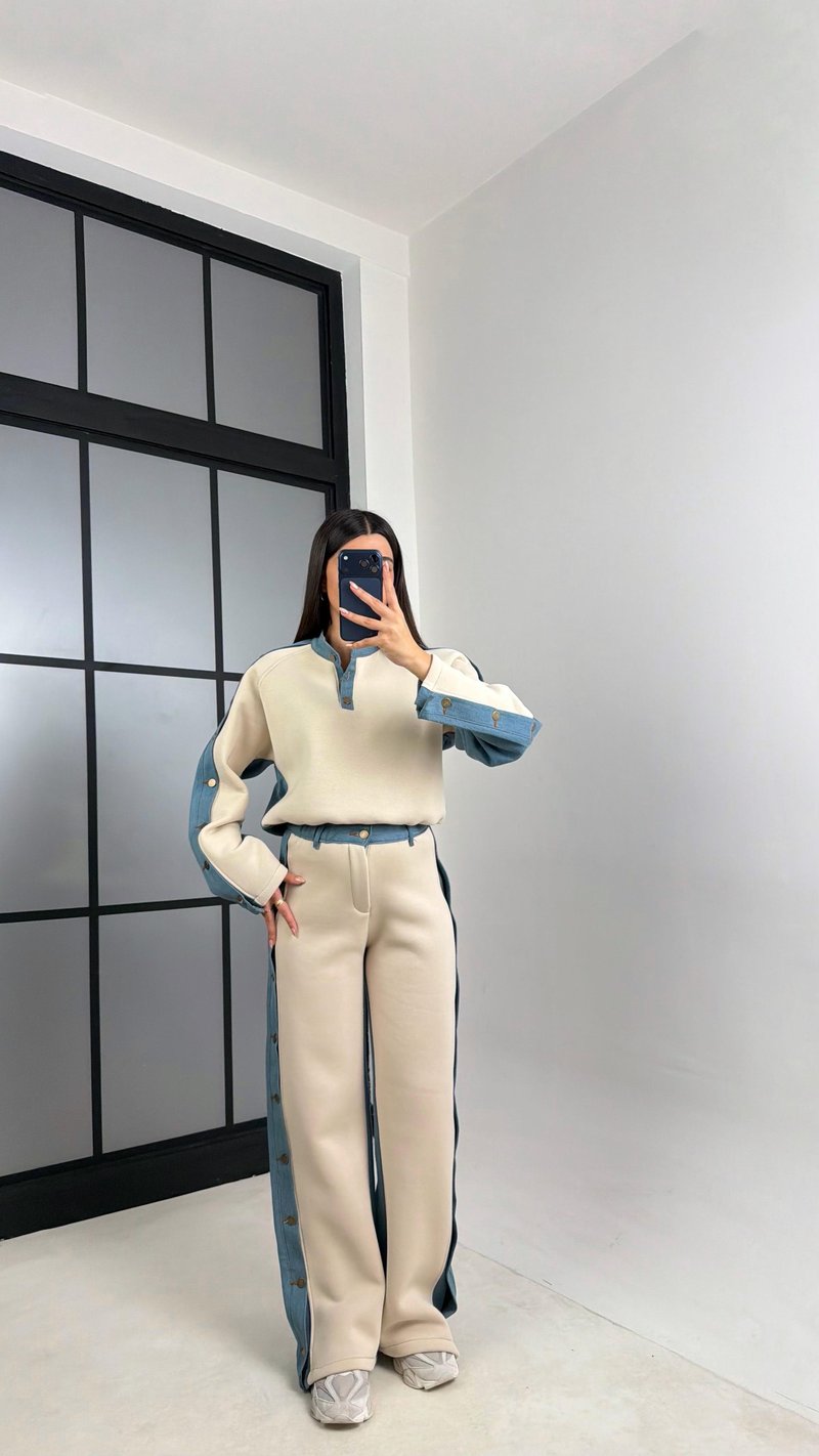 Taş Denim Detaylı Şardonlu Sweatshirt Eşofman Takım GAUS-00839