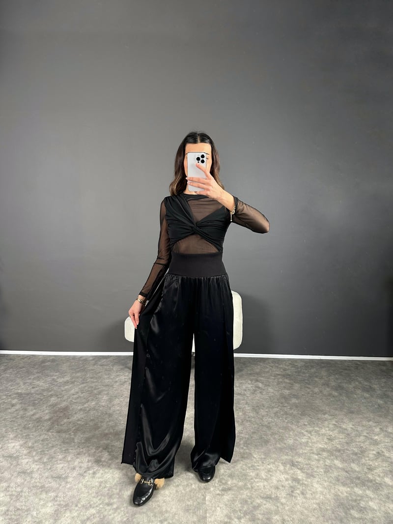 Siyah Premium Saten Yüksek Bel Pantolon 