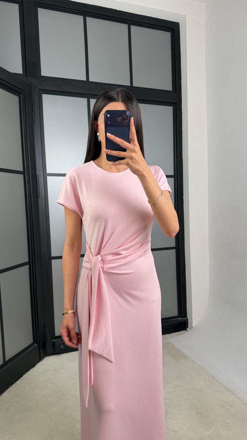 Pembe Bağlama Detaylı Modal Kumaş Elbise GAUS-01453