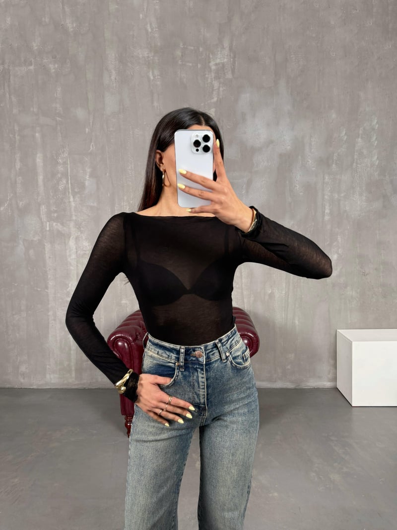 Siyah Transparan Kaşmir Dokulu Bluz Gaus00126