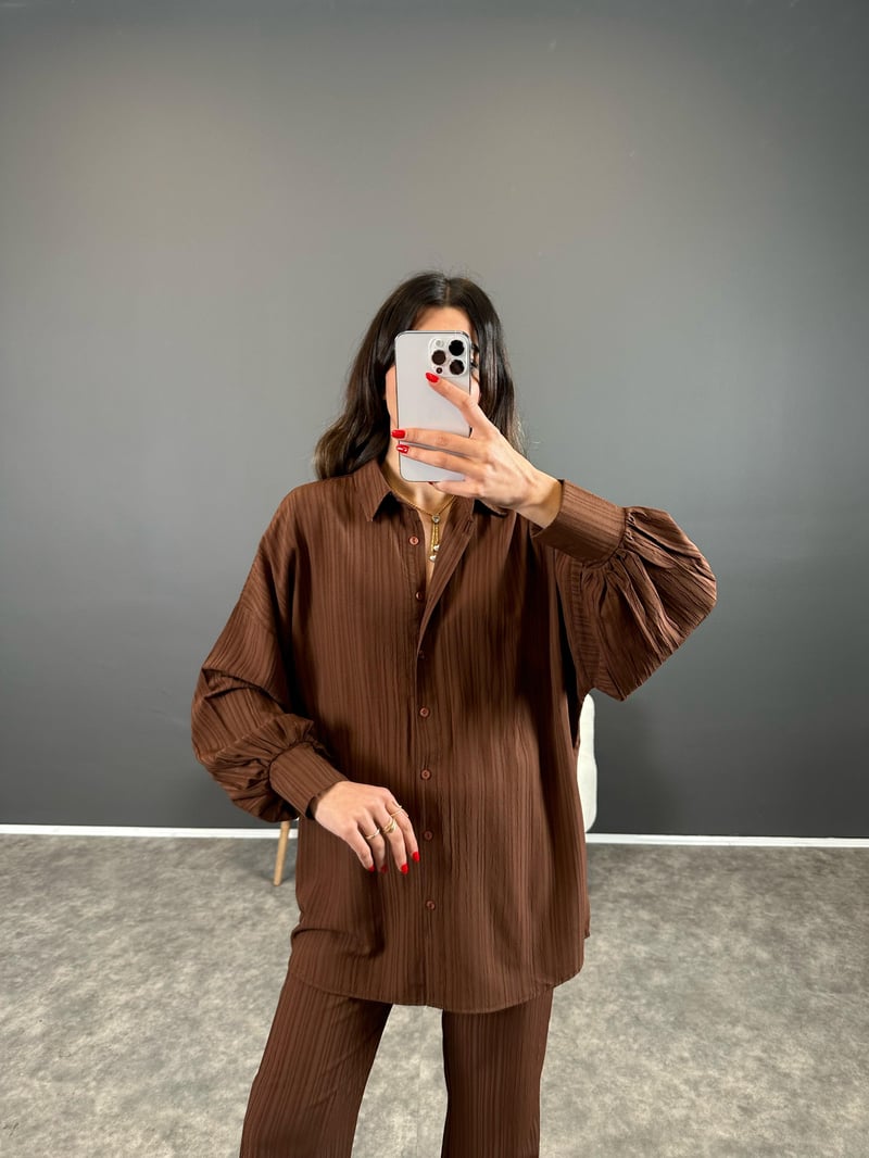 Heidy Kahverengi Gofre Kumaş Kemerli İkili Takım