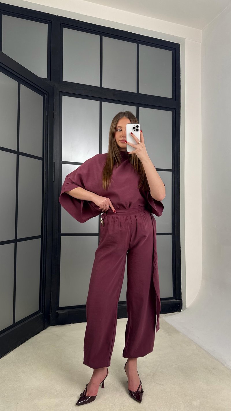 Mürdüm Gold Toka Detaylı Bluz Şalvar Pantolon İkli Tasarım Takım GAUS-01271