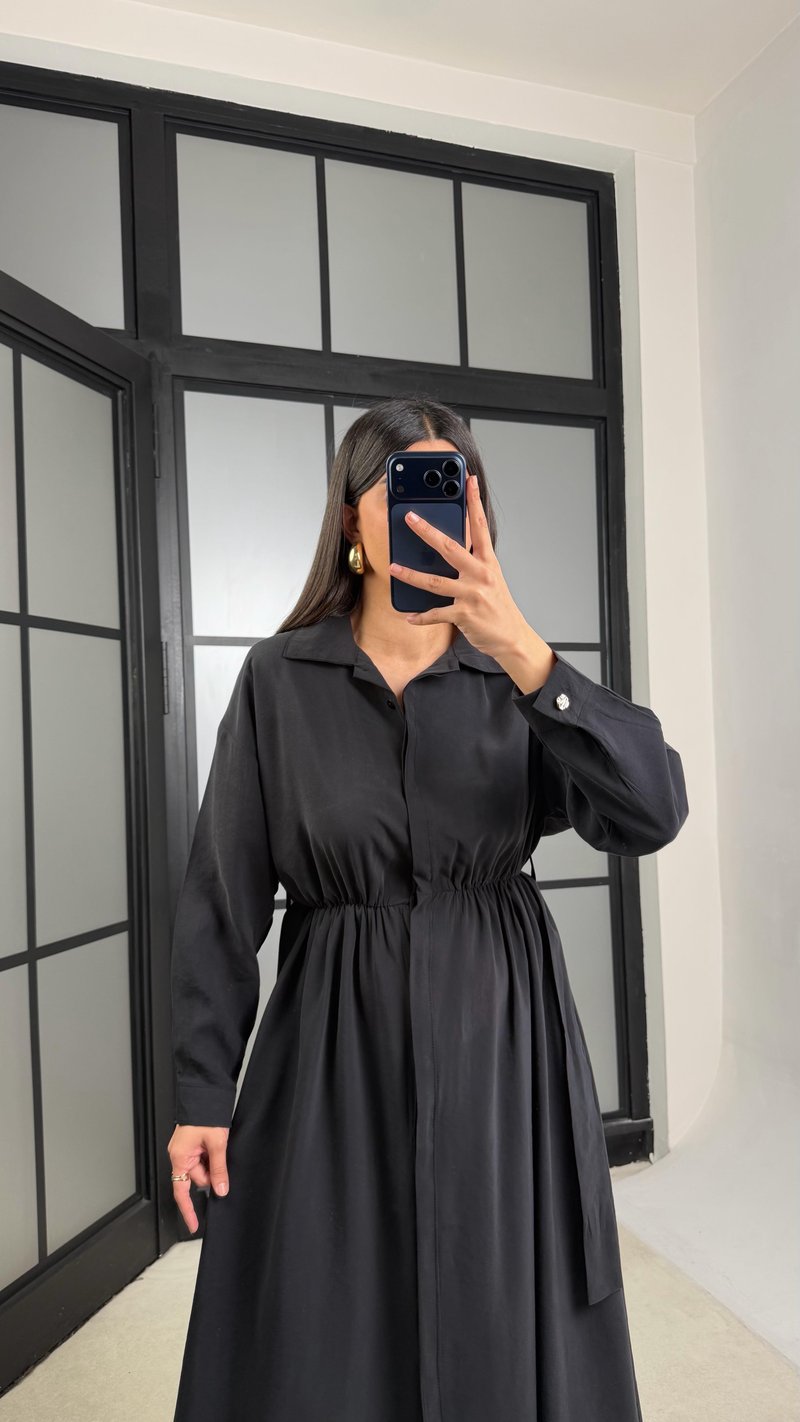 Siyah Beli Lastikli Kuşaklı Tencel Elbise GAUS-01286