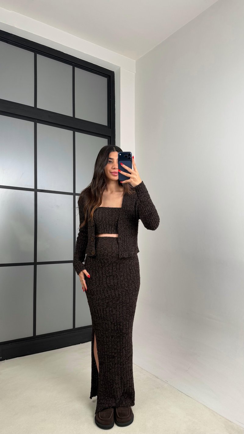 Acı Kahve Hırka Crop Beli Lastikli Yırtmaç Detaylı Etek Triko Takım GAUS-00969