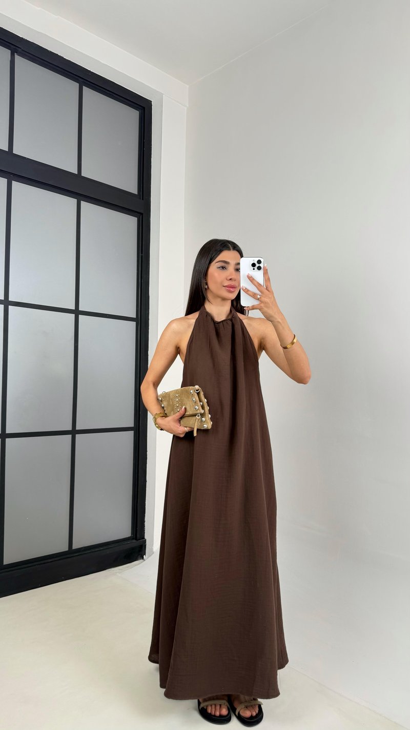 Acı Kahve Boyundan Bağlamalı Müslin Elbise Gaus00588