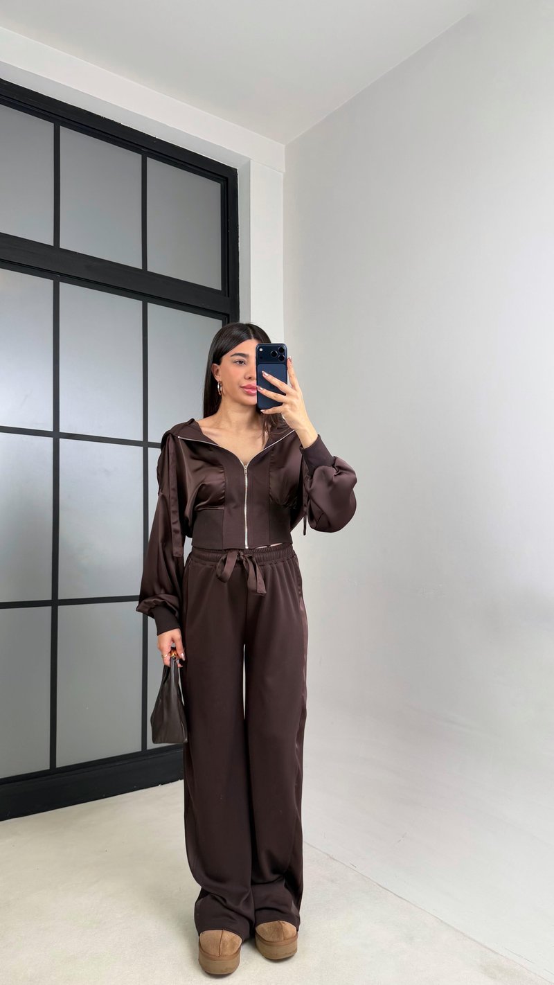 Acı Kahve Saten Detaylı Hırka Beli Lastikli Pantolon Tasarım Takım GAUS-01096