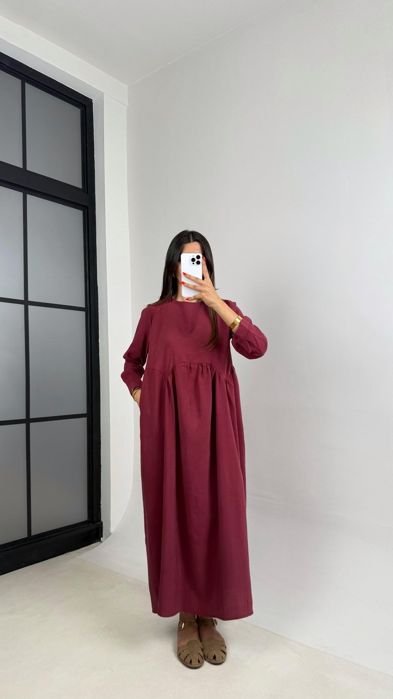 Bordo Altı Balon Uzun Kol Cep Detaylı Tencel Pinterest Elbise GAUS-0025