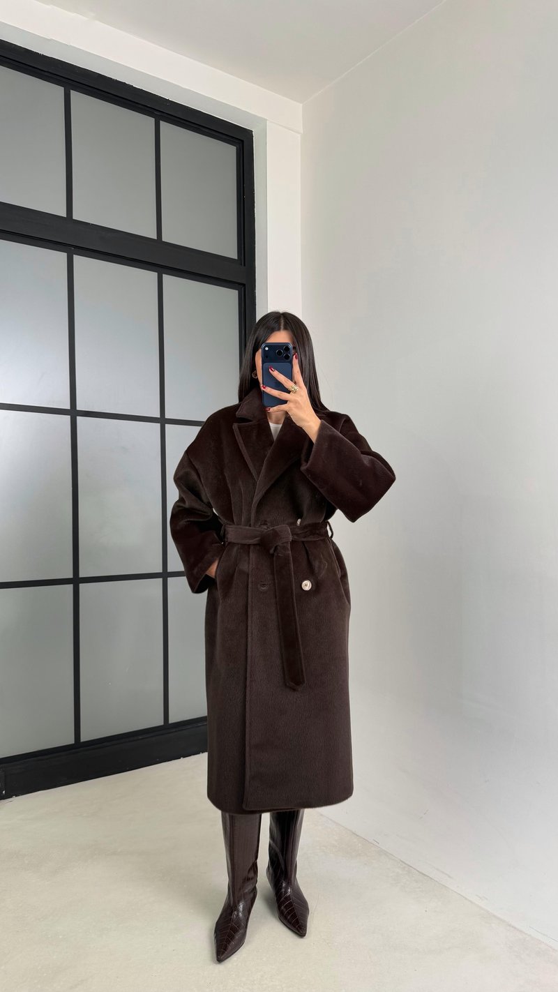 Kahve Astarlı Kuşaklı Premium Peluş Kaban GAUS-00565