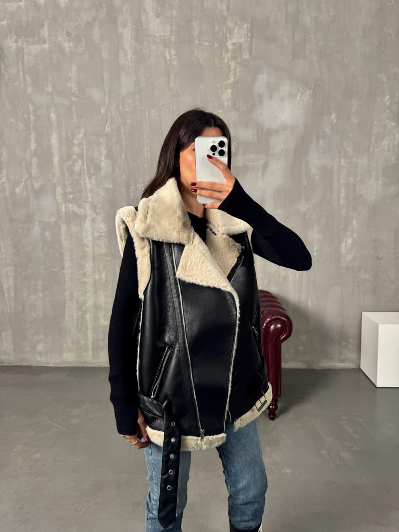 Sindo Siyah Peluş Deri Yelek Ceket