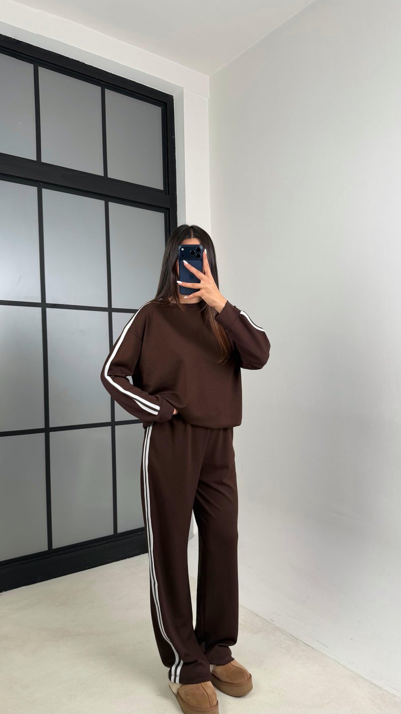 Acı Kahve Şerit Detaylı Sweatshirt Beli Lastikli Eşofman İkili Modal Takım GAUS-00621