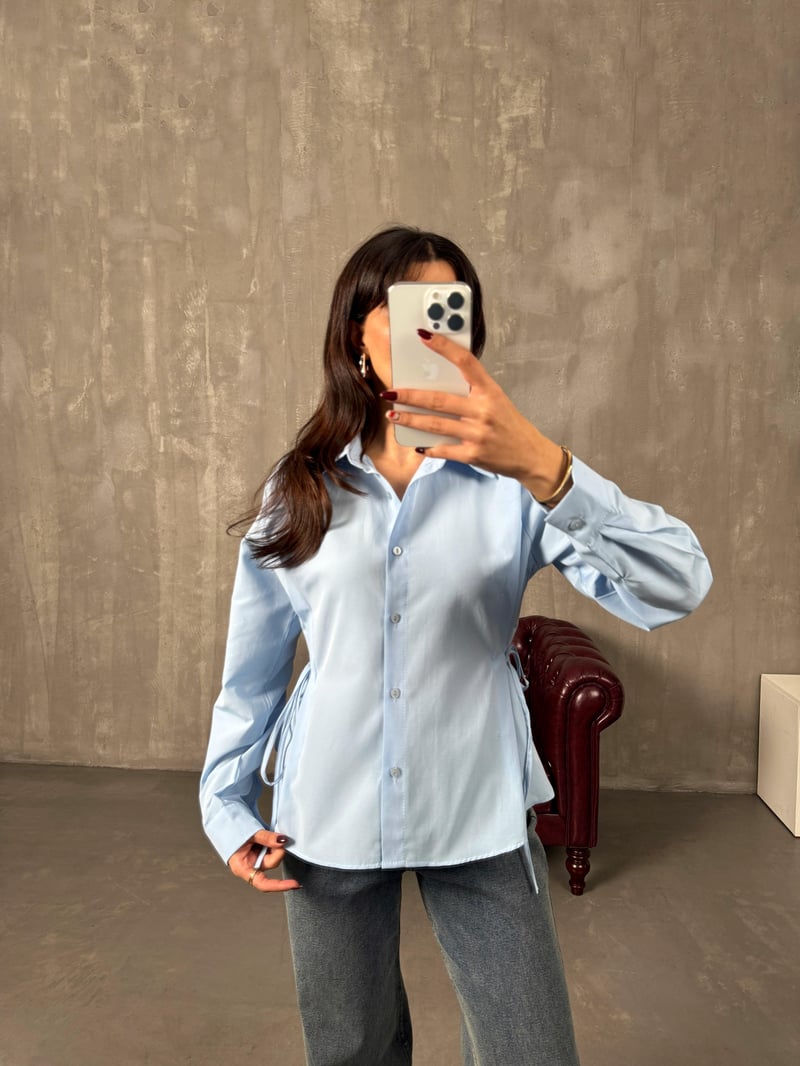 Tweed Mavi Yandan Bağlamalı Gömlek