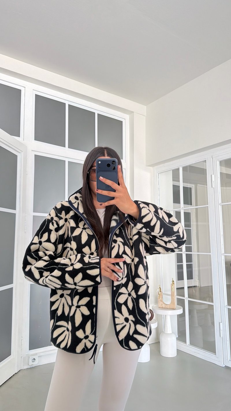 Lacivert Çiçek Desenli Fermuarlı Polar Sweatshirt GAUS-01915