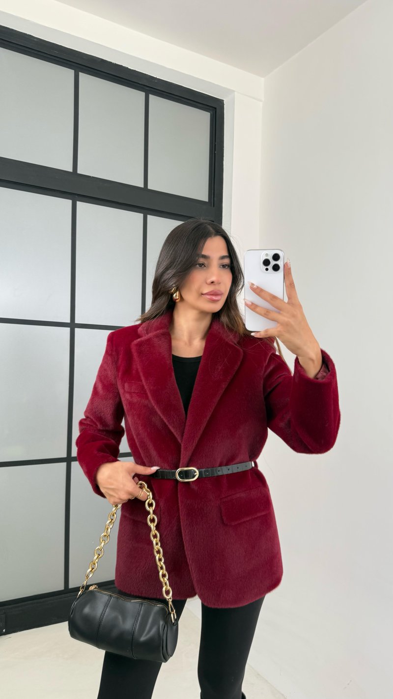 Bordo Astarlı Kemerli Peluş Tüylü Ceket GAUS-00131