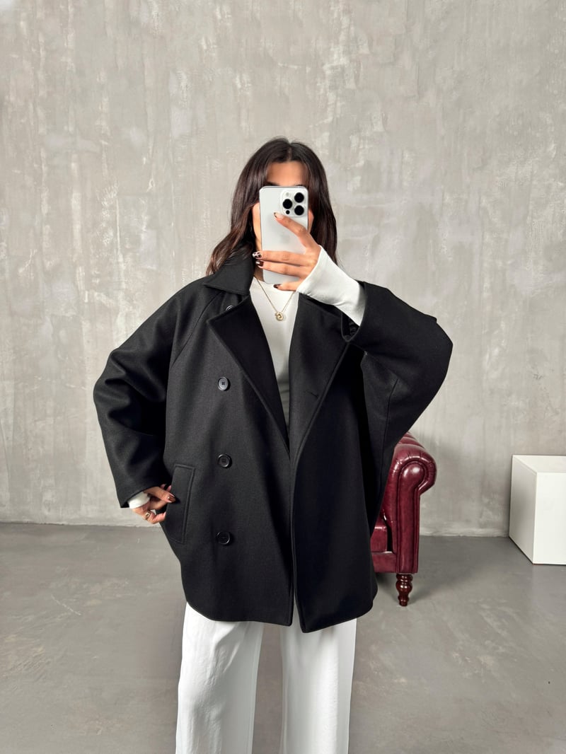 Cowe Siyah Yarasa Model Astarlı Kaşe Kaban