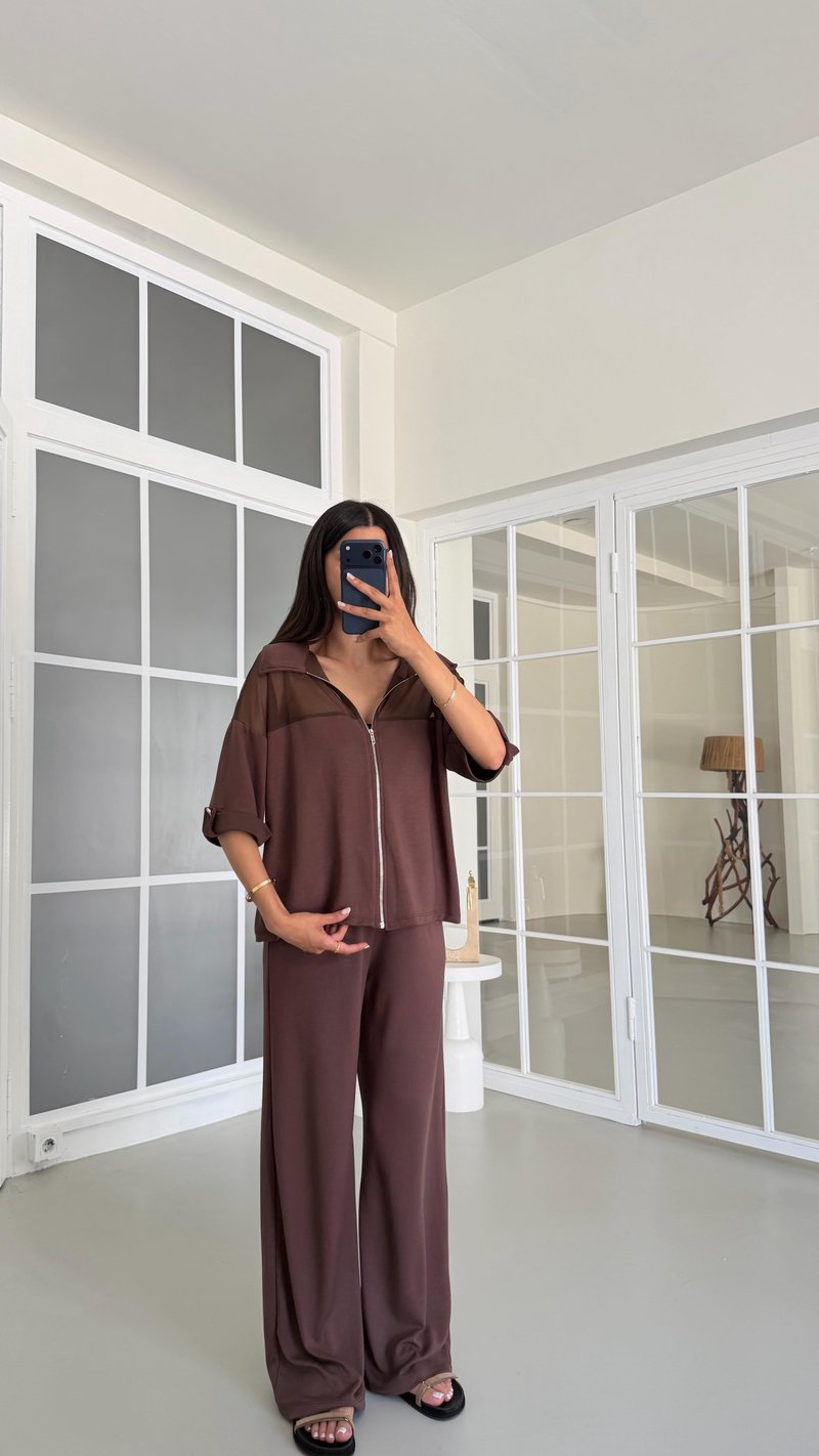 Kahve Fileli Hırka Beli Lastikli Pantolon İkili Modal Takım GAUS-01640