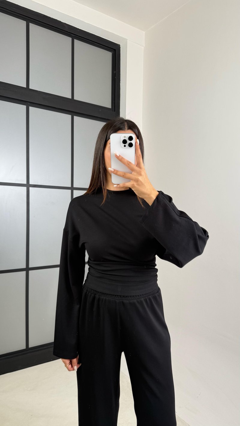 Siyah Yarasa Kol Bluz Beli Lastikli Pantolon Tasarım Modal Takım GAUS-00572
