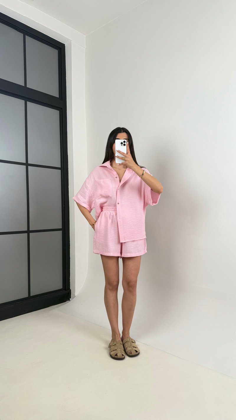 Pembe Cepli Gömlek Beli Lastikli Şort Müslin Takım Gaus00445