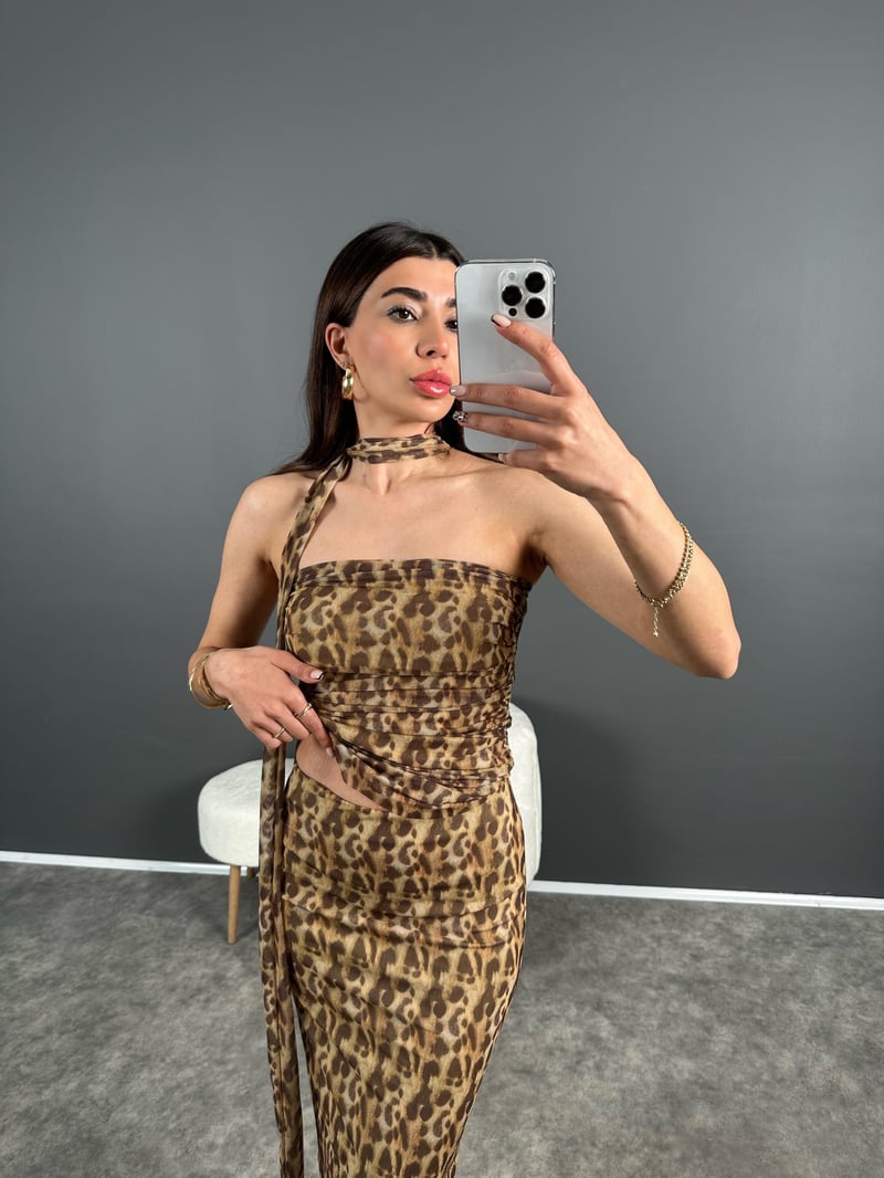 Zr Model Leoparlı Bluz Etek Takım 