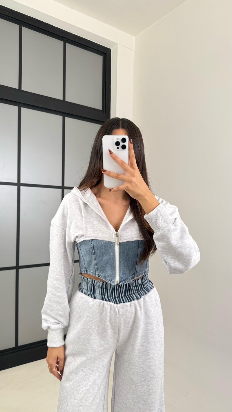 Gri Denim Detaylı Kapüşonlu Hırka Beli Lastikli Pantolon Tasarım Takım GAUS-00444