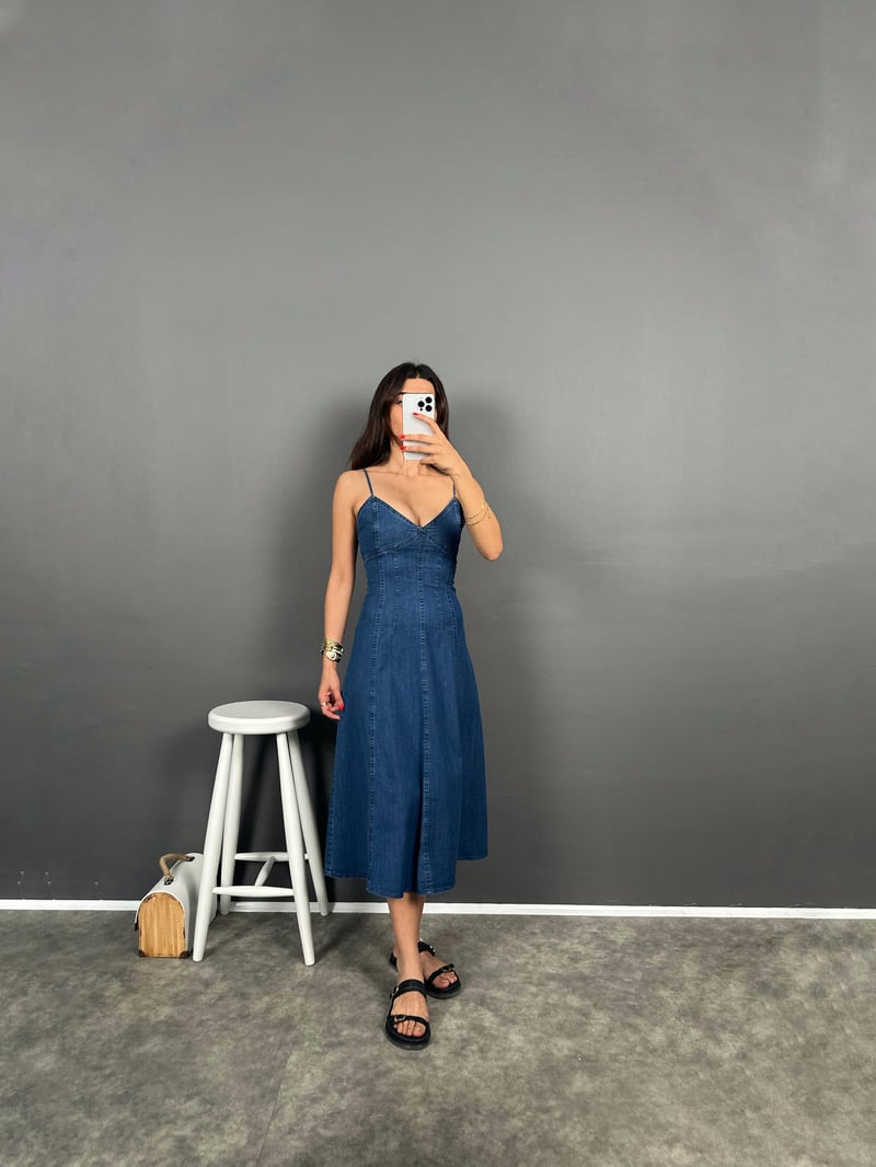Jain Night Blue Ayarlanabilir Askılı Göğüs Detaylı Kot Elbise