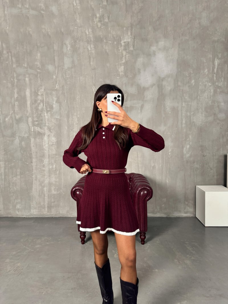 Picas Bordo Polo Yaka Triko Kazak Etek Takım