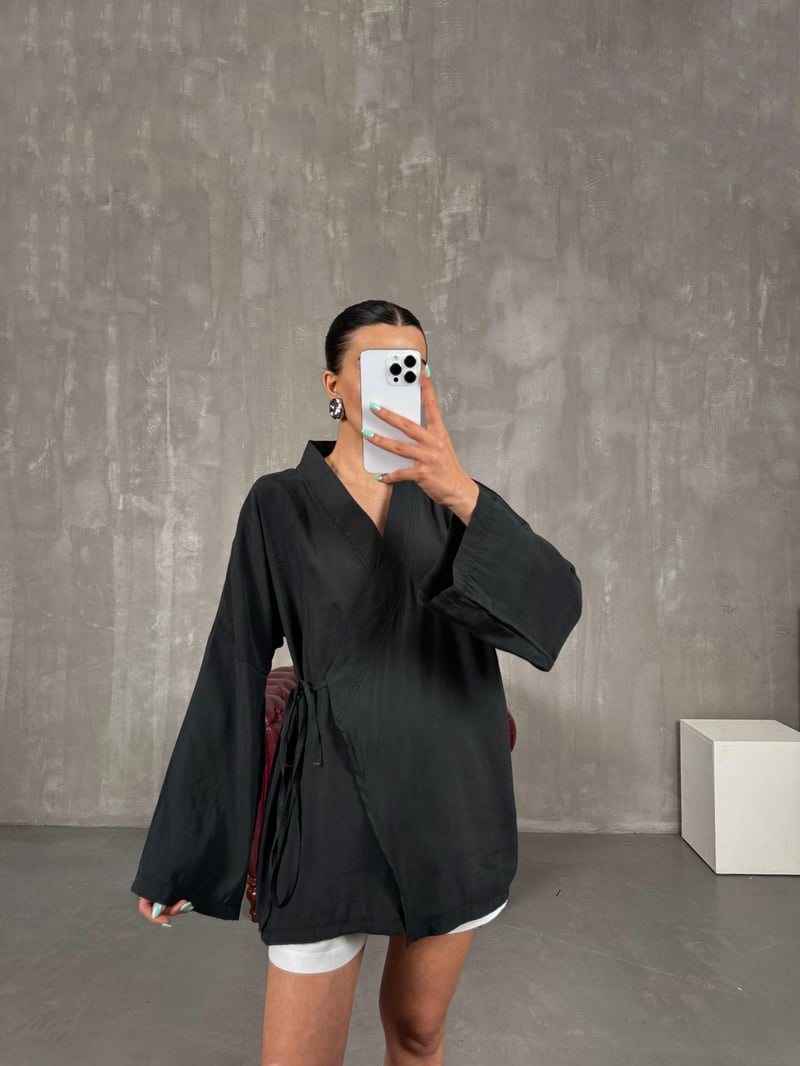 Siyah Önden Bağlamalı Tensel Kimono Gaus00240