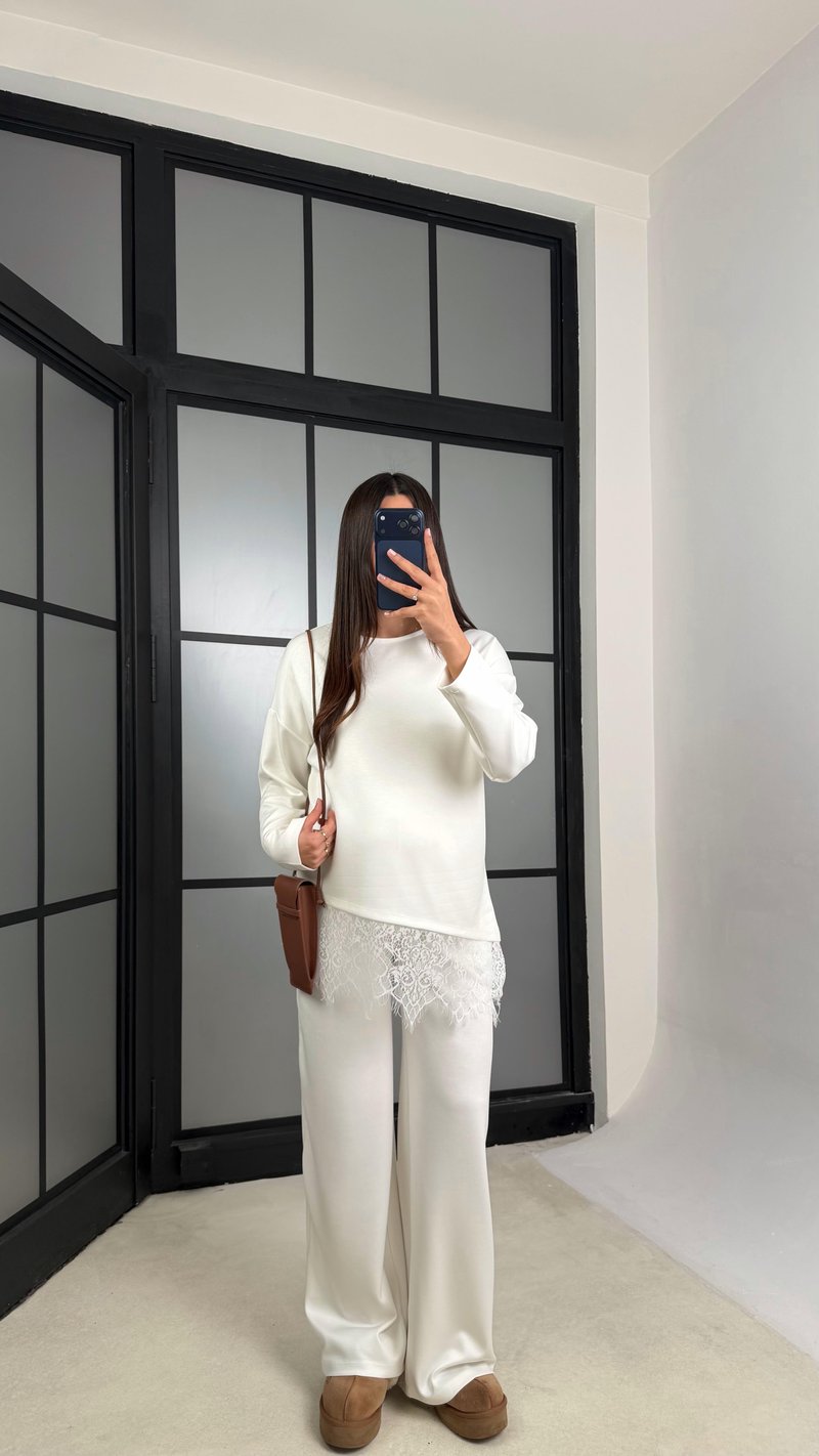 Beyaz Dantel Detaylı Beli Lastikli Modal İkili Takım GAUS-01207
