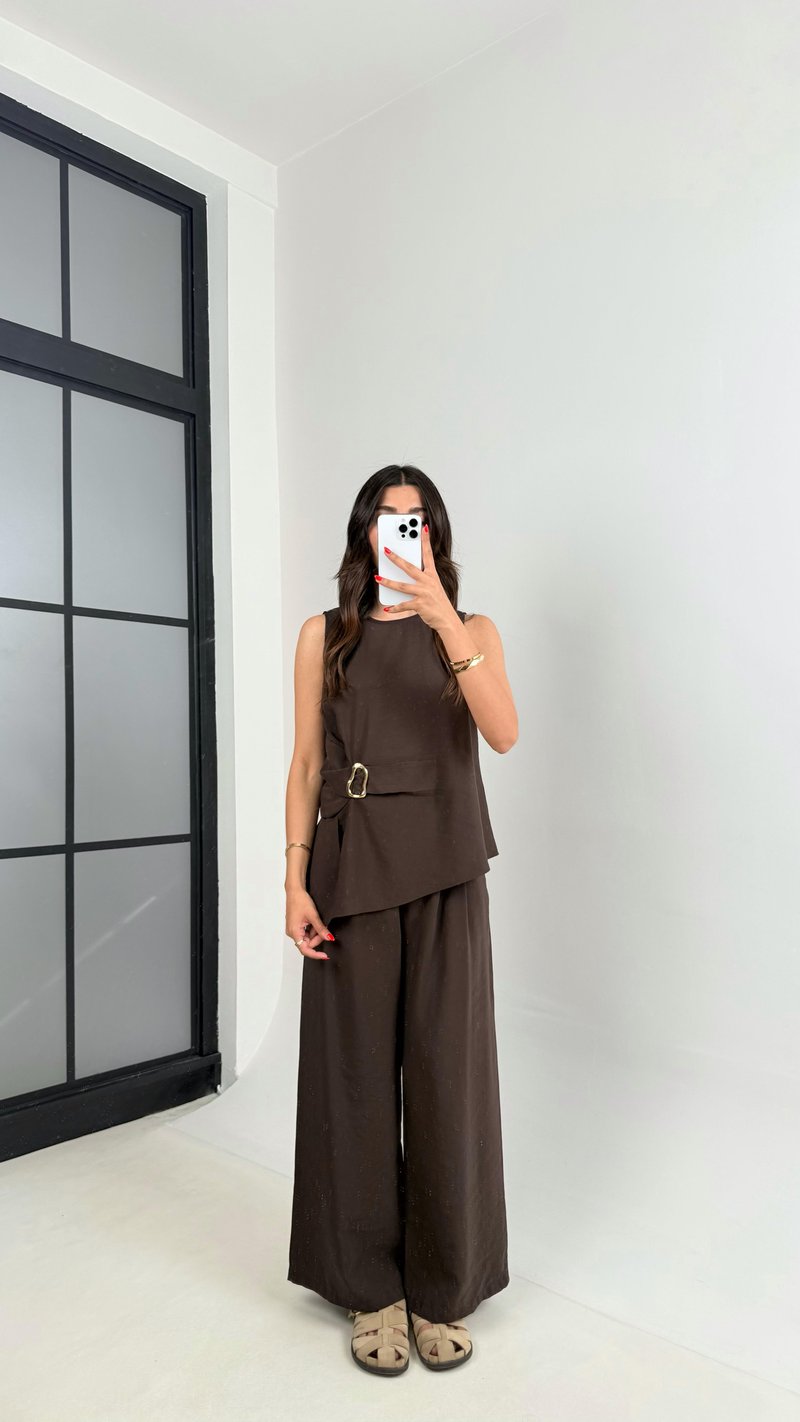 Acı Kahve Gold Detaylı Bluz Balon Pantolon İkili Tencel Takım Gaus00510