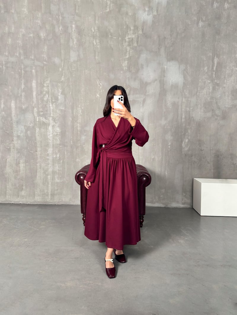 Vera Bordo Bağlamalı Bluz Etek Modal Takım