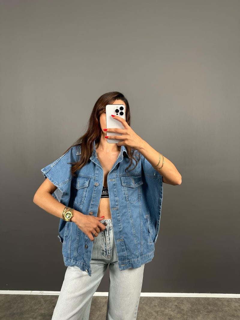 Laswel Mavi Yarasa Kol Tasarım Denim Kot Yelek 
