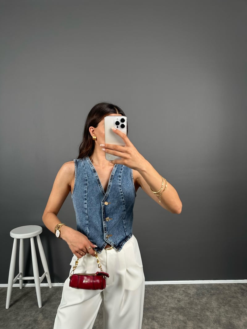 Minda Denim V Yaka Crop Yelek 