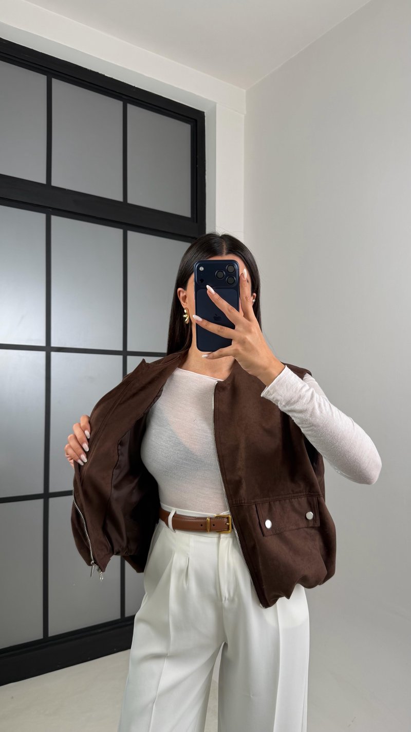 Kahve Beli Lastikli Astarlı Premium Süet Yelek GAUS-00637