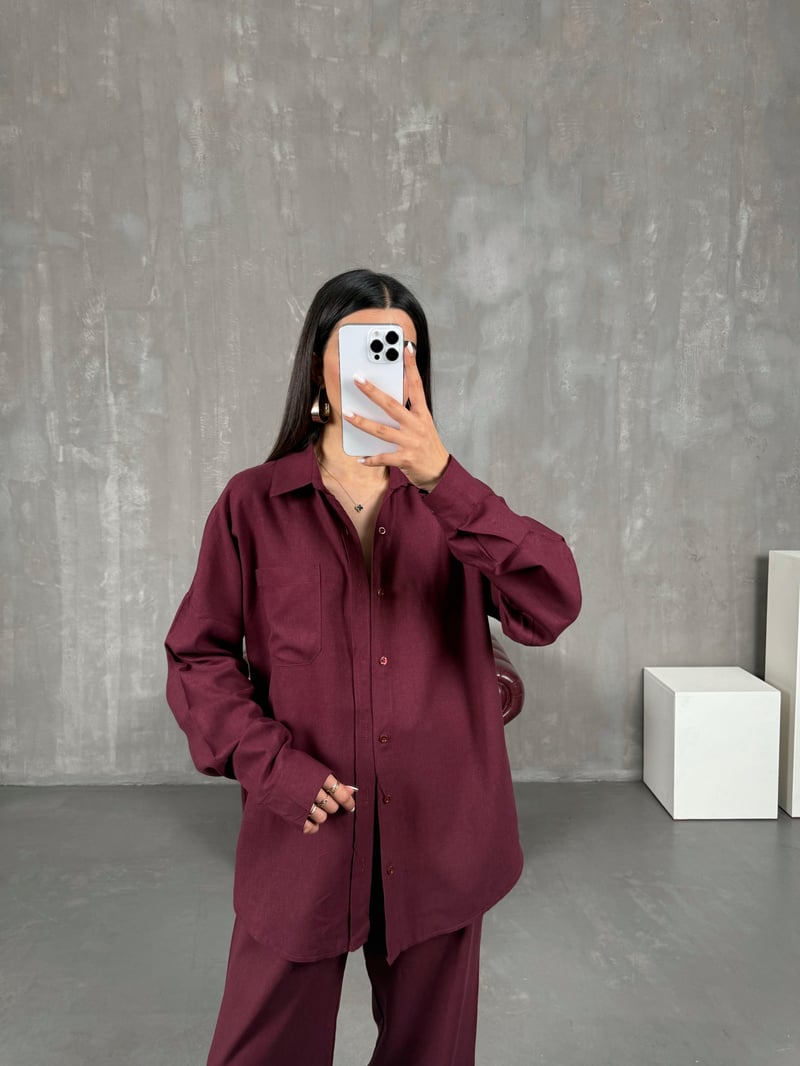 Bordo Gömlek Pantolon Keten Muadil Takım Gaus00080