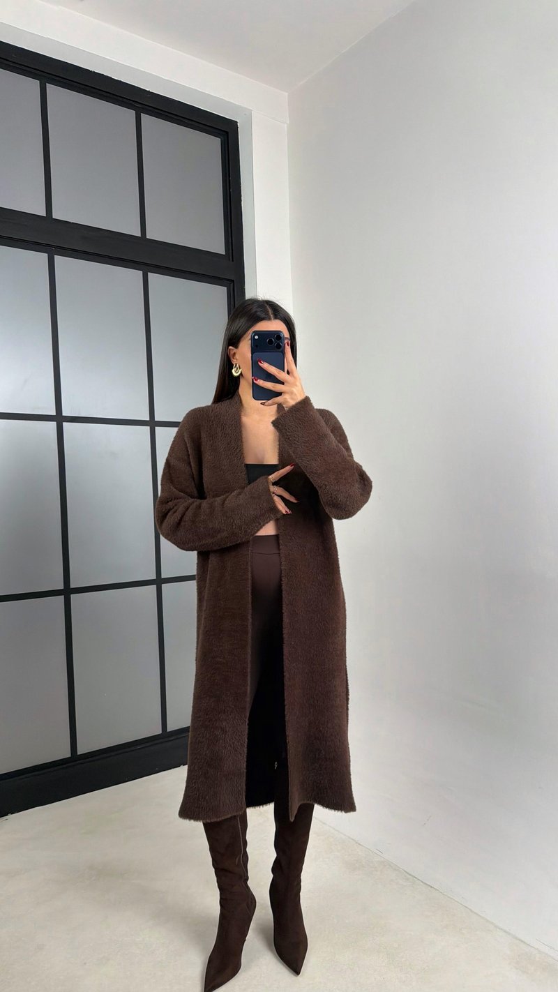 Acı Kahve Peluş Uzun Hırka GAUS-00758