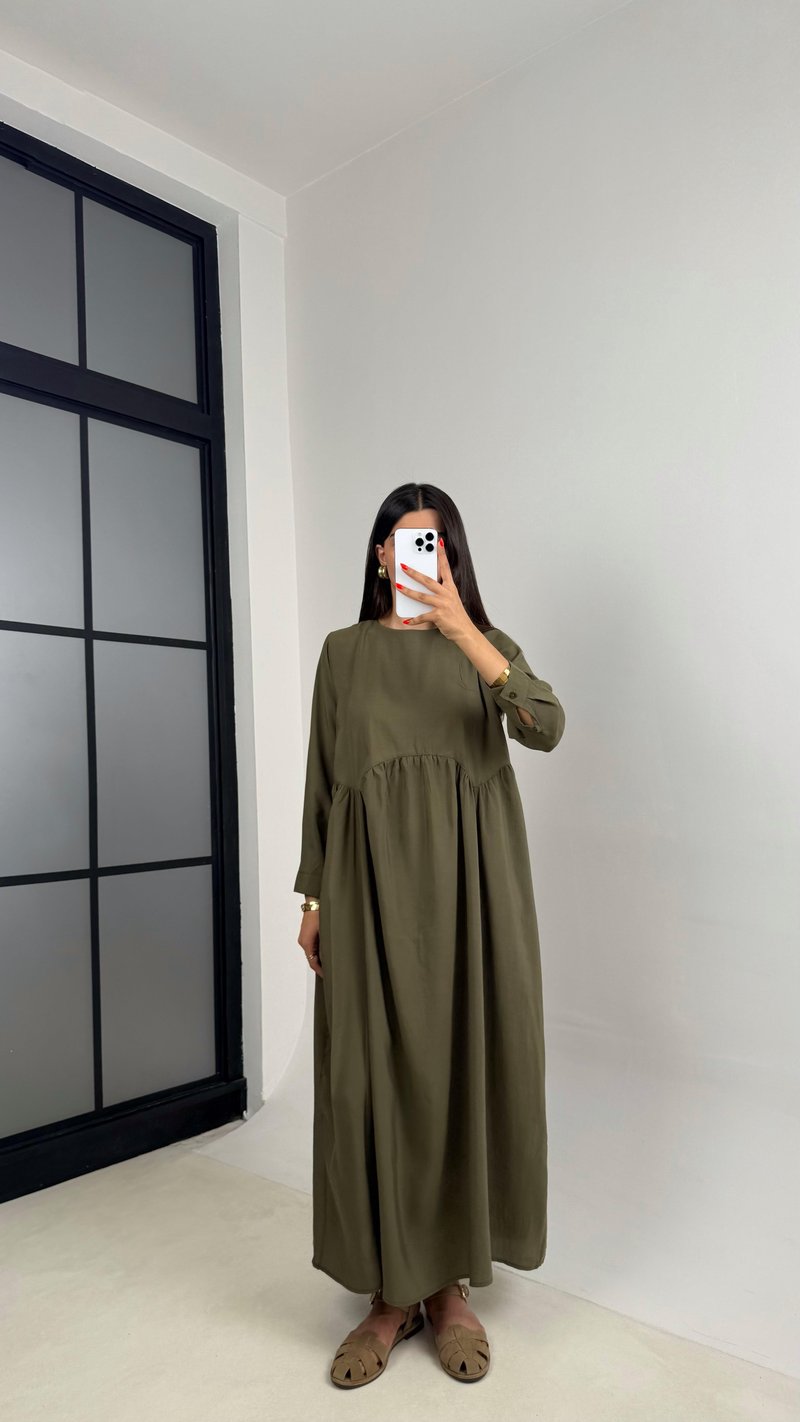 Haki Altı Balon Uzun Kol Cep Detaylı Tencel Pinterest Elbise GAUS-0025