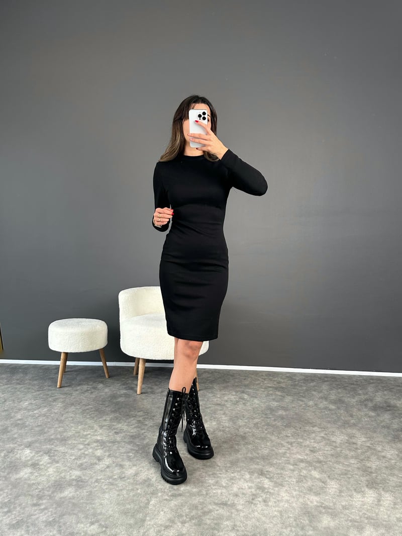 Siyah Vatkalı Modal Elbise 