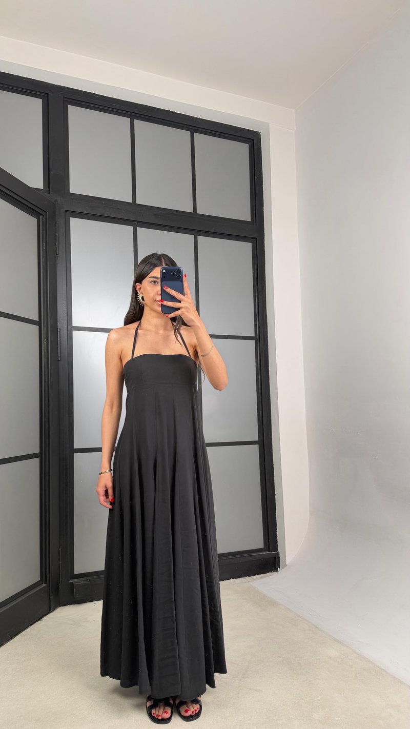 Siyah Boyundan Bağlamalı Tencel Elbise GAUS-01516