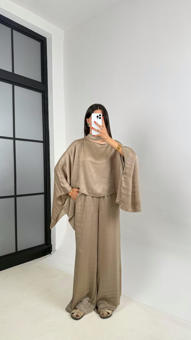 Vizon Zımba Detaylı Yarasa Kol Bluz Beli Lastikli Pantolon ZR Muadil Parlak Tencel Takım Gaus00695