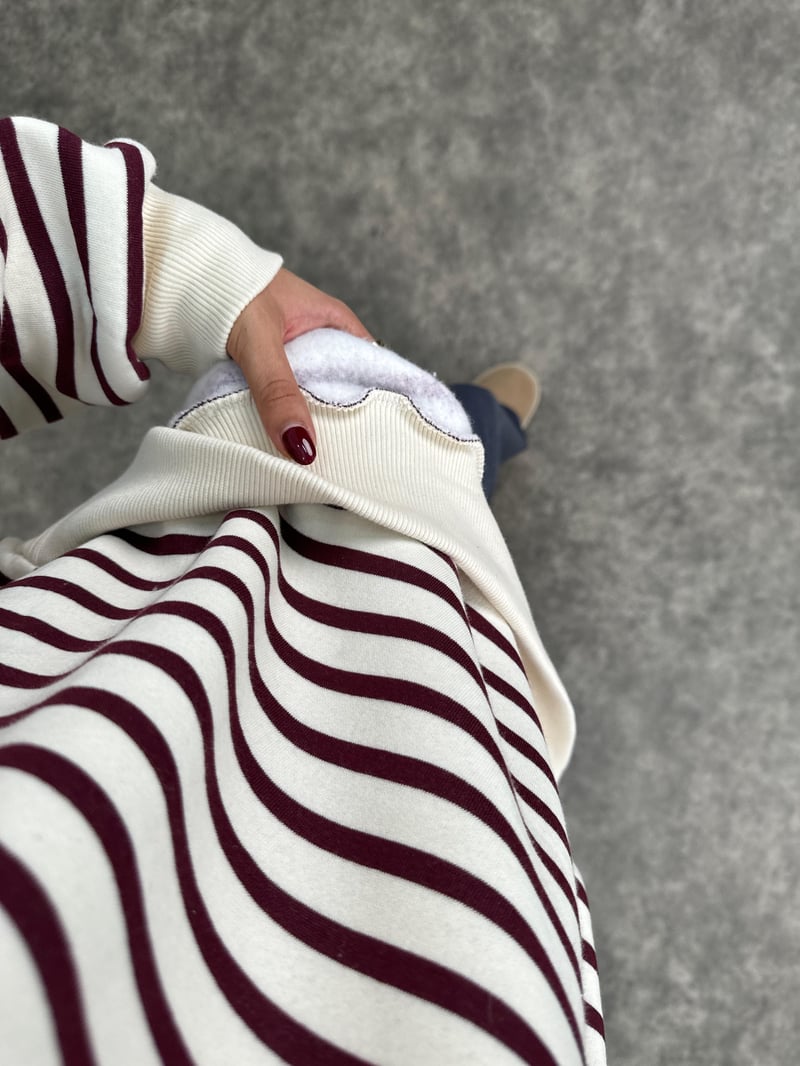 Biana Bordo Çizgili Üç İplik Şardonlu Ekru Oversize Sweatshirt