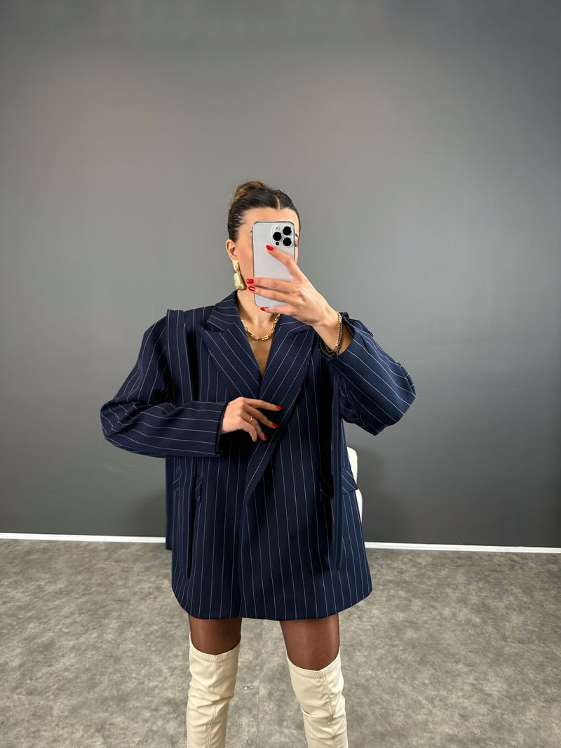 Anis Premium Lacivert Çizgili Bağlamalı Astarlı Blazer Ceket