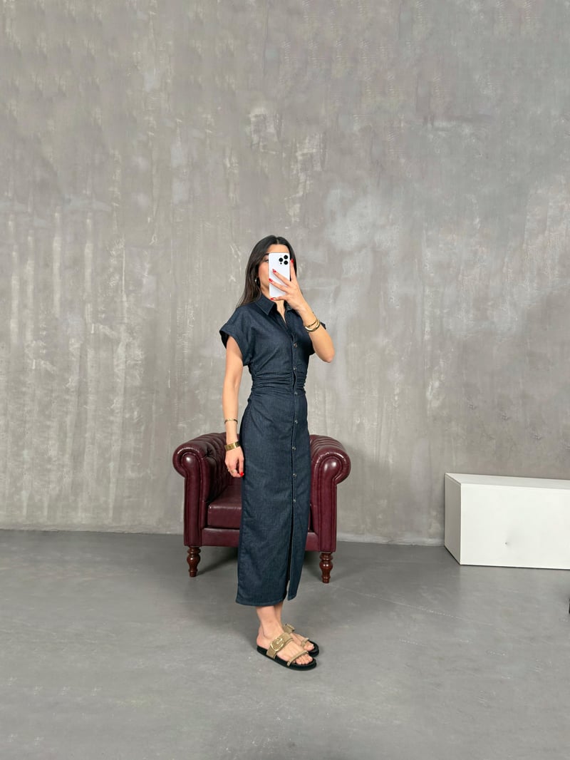 Lacivert Likralı Ön Düğmeli Beli Lastikli Denim Elbise Gaus00206