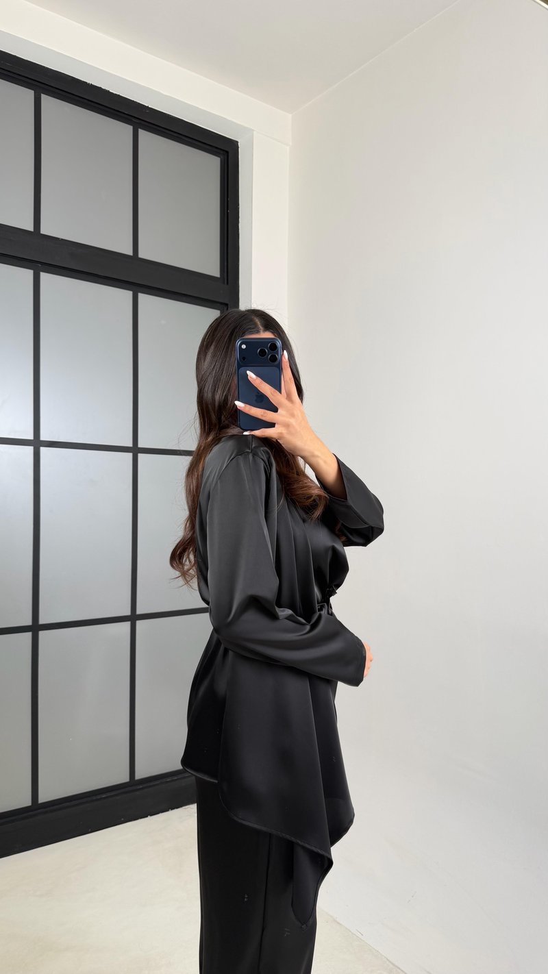 Siyah Şal Detaylı Bluz Beli Lastikli Şalvar İkili Saten Takım GAUS-00606