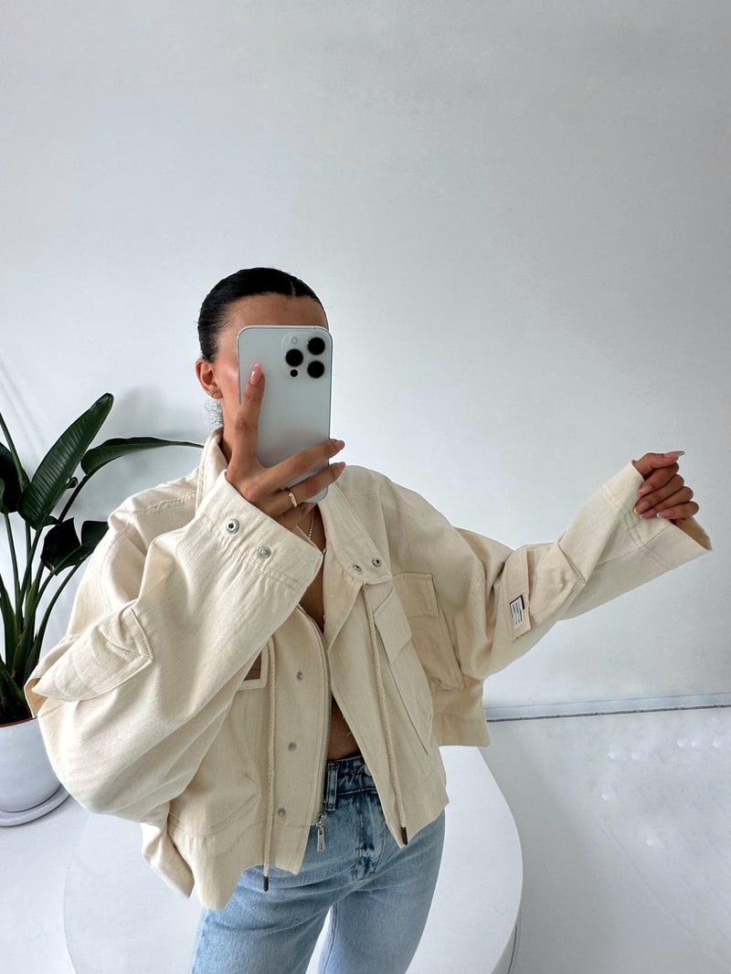 Bej Baskılı Oversize Dik Yaka Ceket 