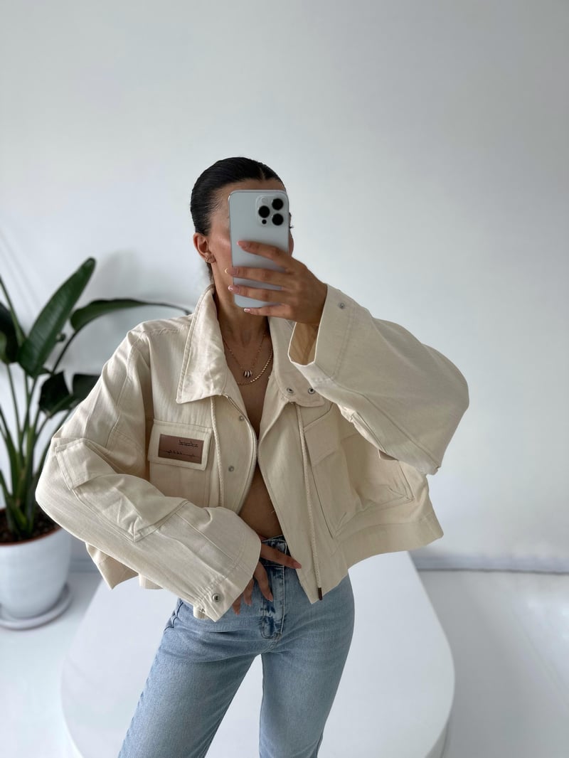 Bej Baskılı Oversize Dik Yaka Ceket 
